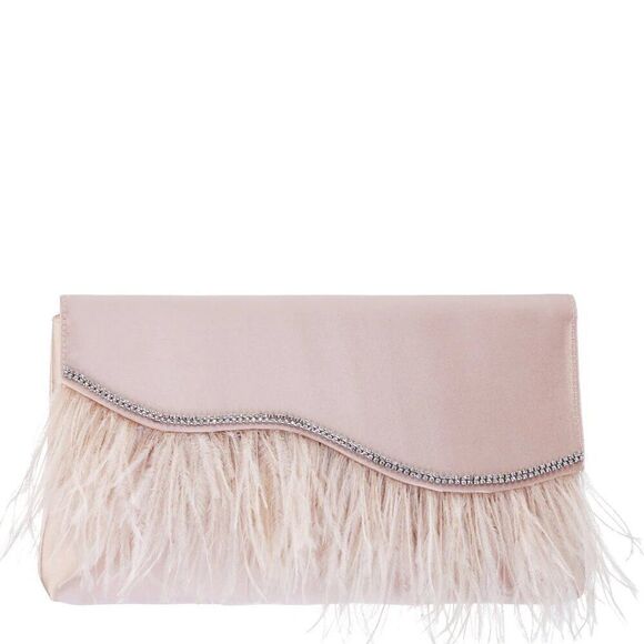 ✨ NINA ✨ NEW - Kaidy Feather Trim Satin Clutch - [Pink] - Picture 1 of 16